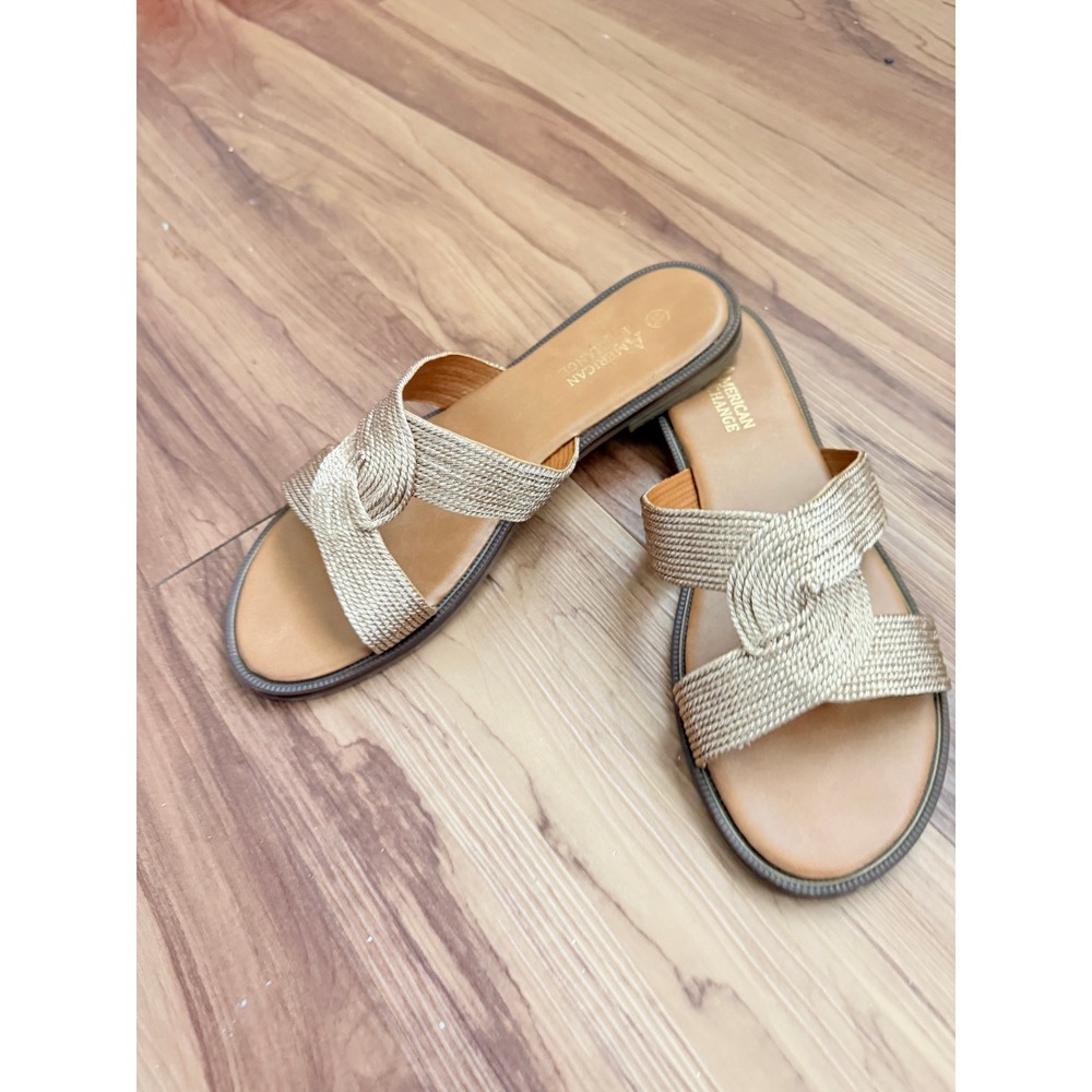 American Exchange Slide Sandals 8.5‎ Gold Metallic Woven Knot Flat Slides